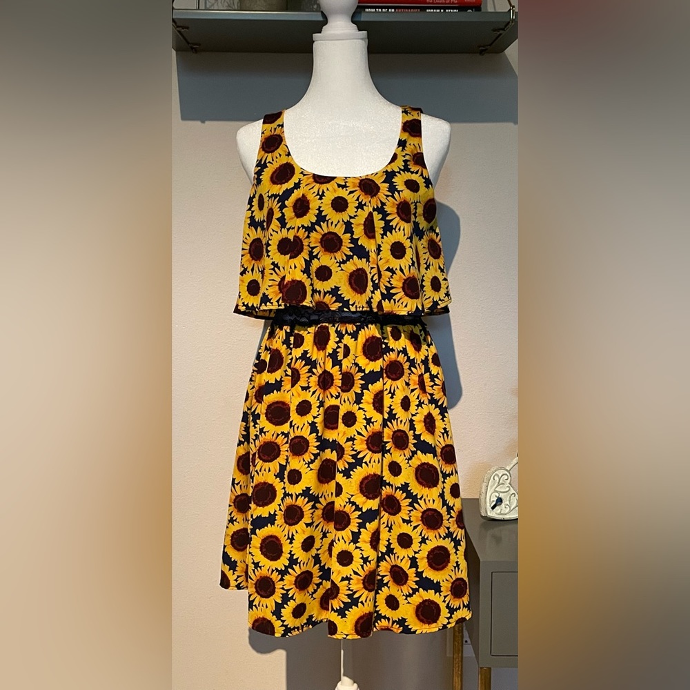 Navy Blue and Yellow Sunflower Dress. Persaya. Size M.